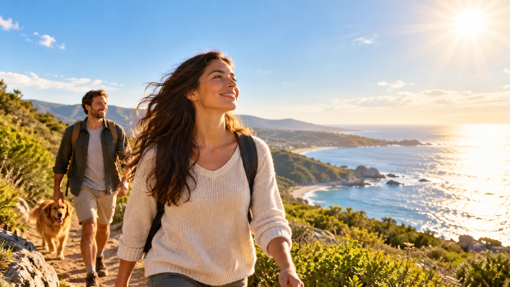 Woman walking outdoors on a bright sunny day with open sky and warm sunlight, evoking natural Vitamin D exposure